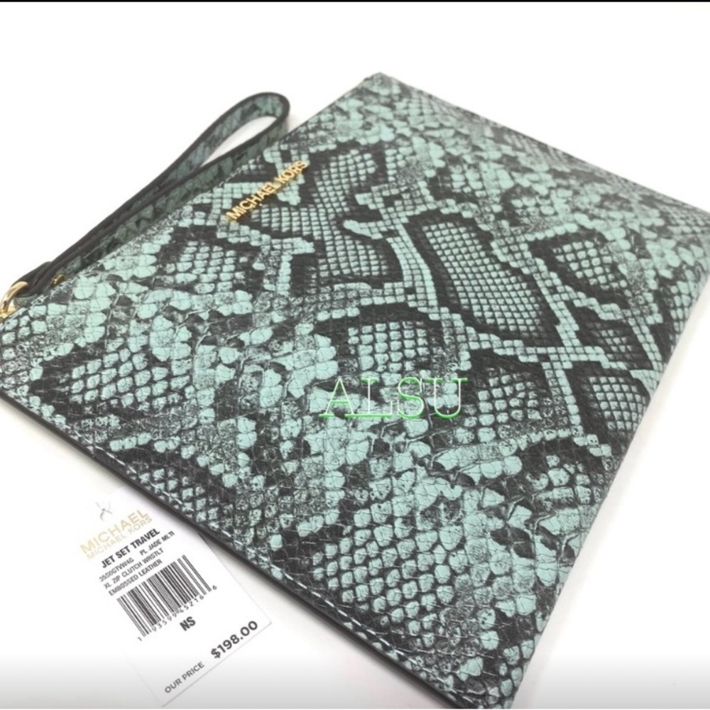 Michael Kors Black and Green Snake Print Wristlet